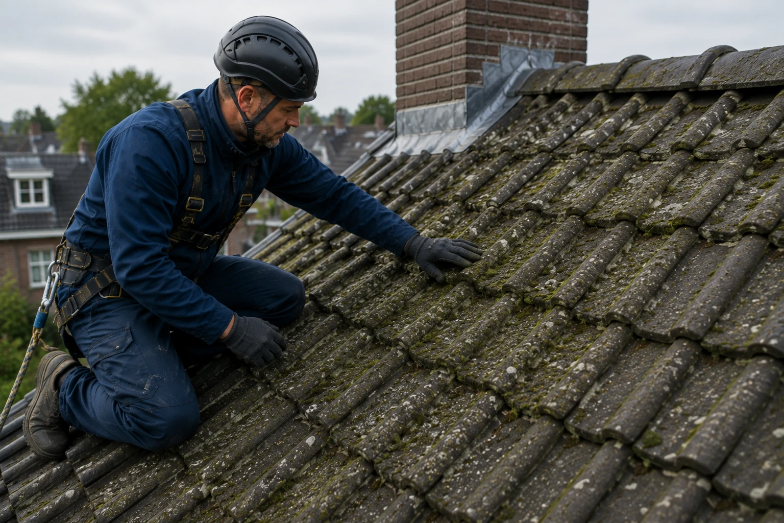 Dakdekker beoordeelt de mos- en algengroei op een sterk vervuild pannendak voordat er wordt gereinigd