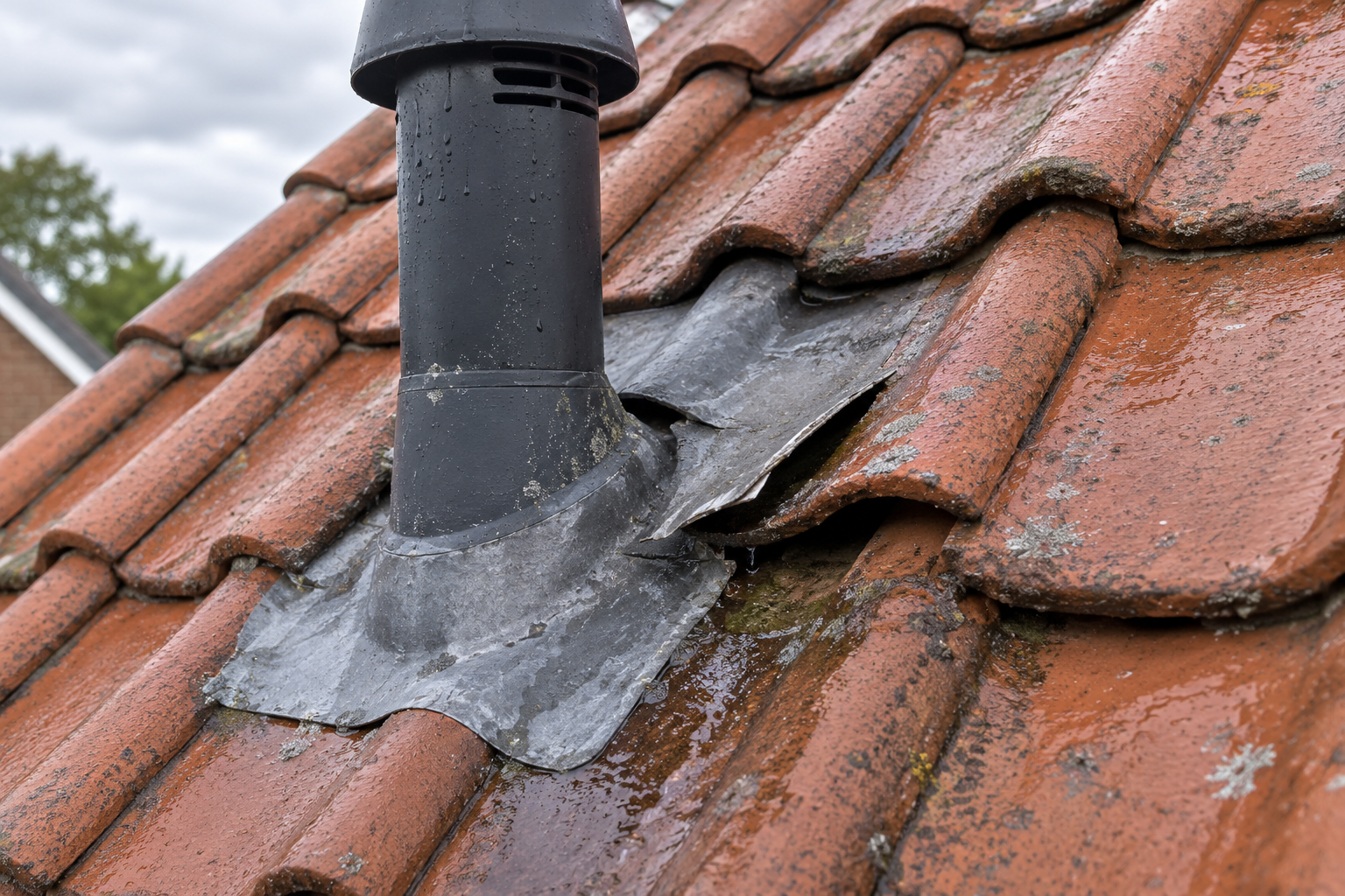 Lekkende dakdoorvoer op een plat dak rond een ventilatiepijp