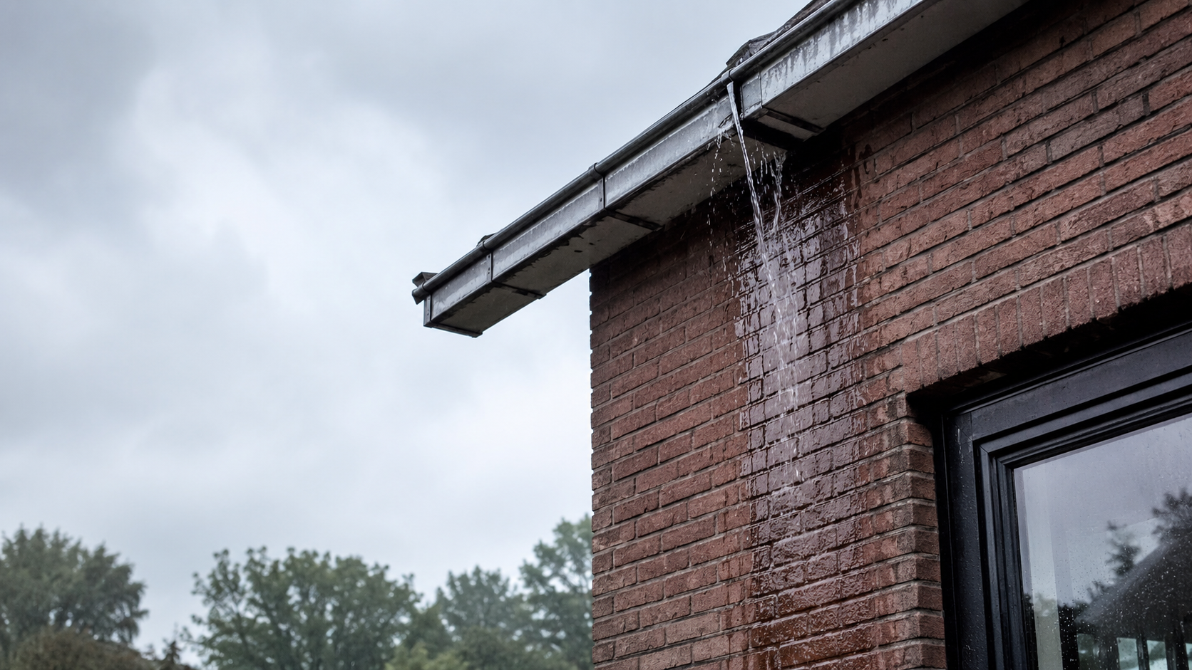 Lekkende dakgoot tijdens een regenbui bij een Nederlandse woning