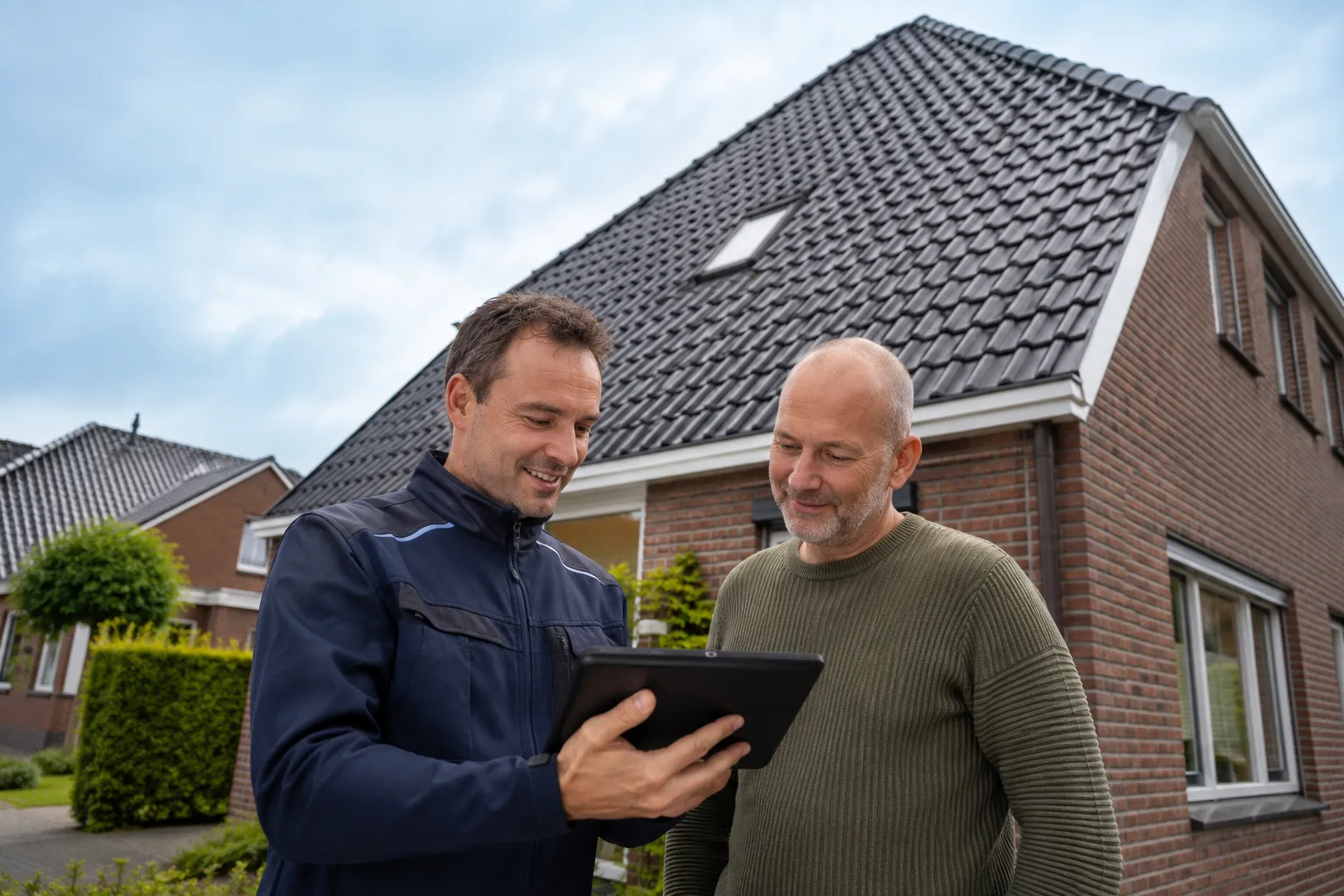 Dakinspecteur bespreekt het inspectierapport op een tablet met de bewoner voor de woning