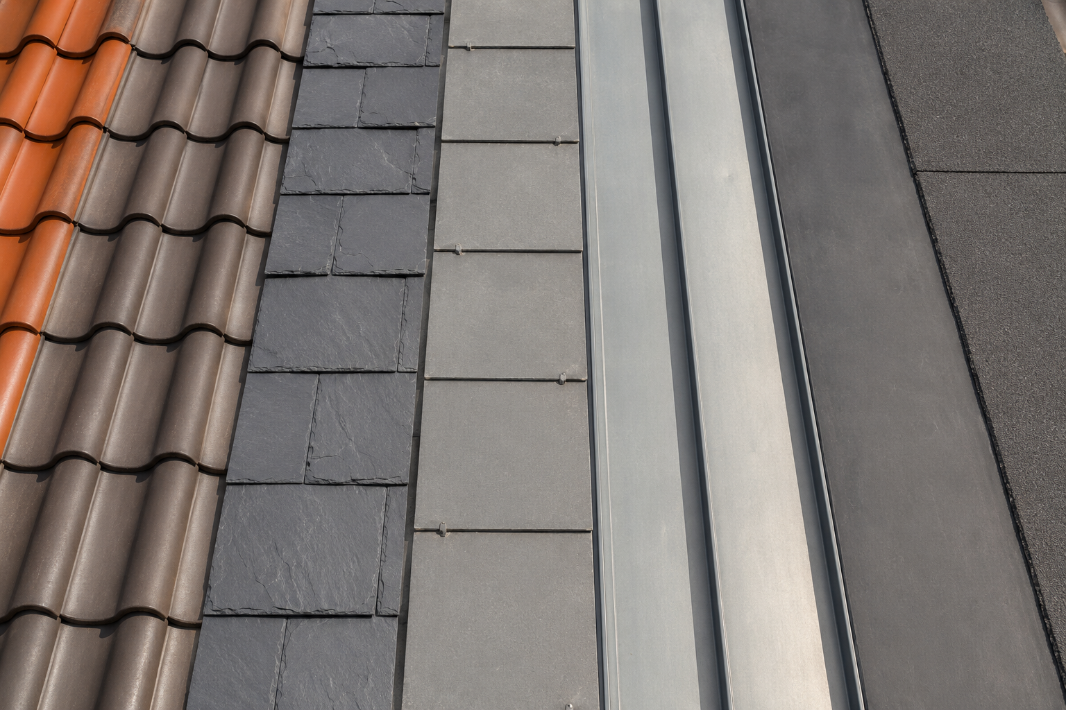 Dakmaterialen zoals dakpannen, leien, zink, bitumen en EPDM overzichtelijk naast elkaar
