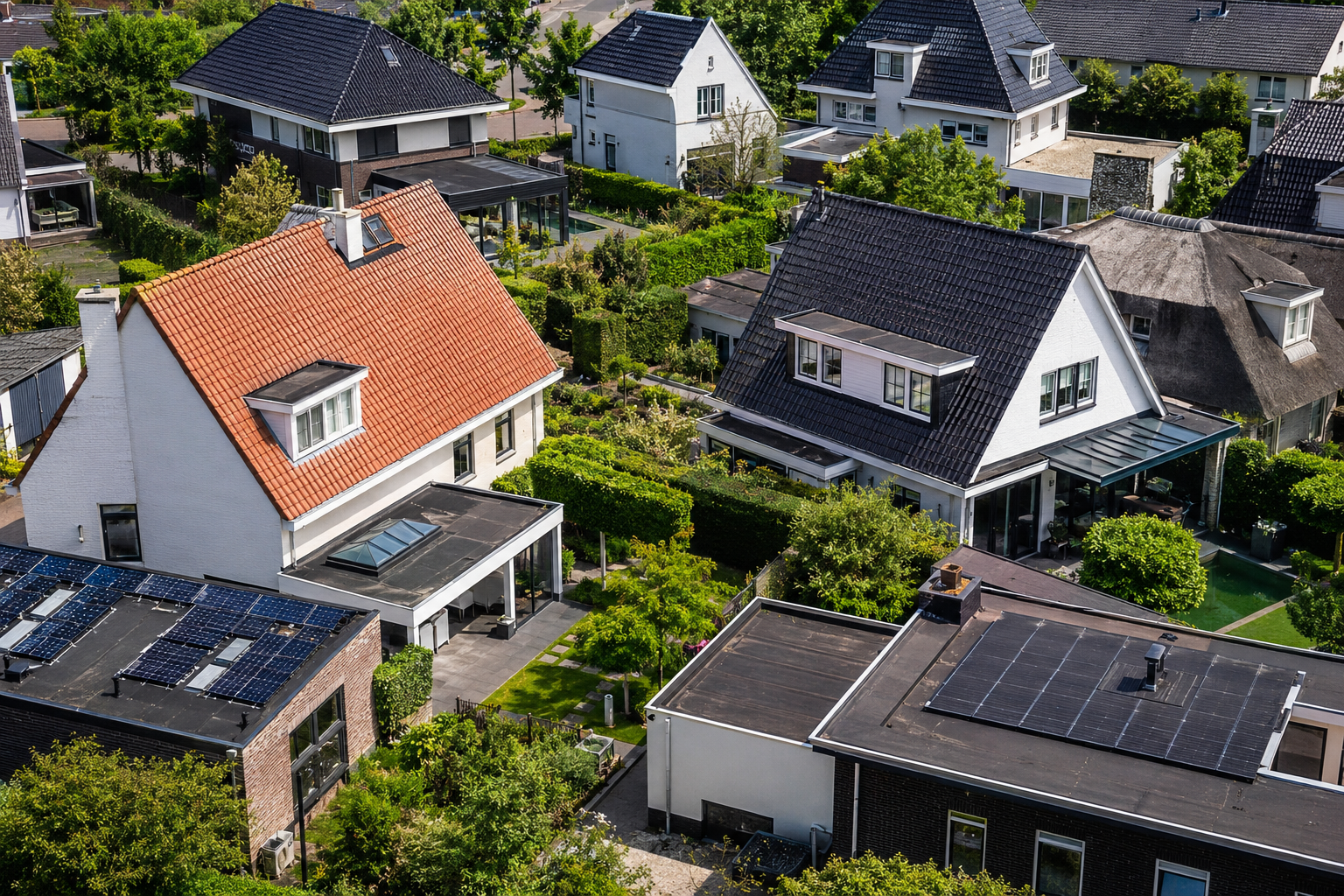 Nederlandse woningen met verschillende daktypen en dakvormen