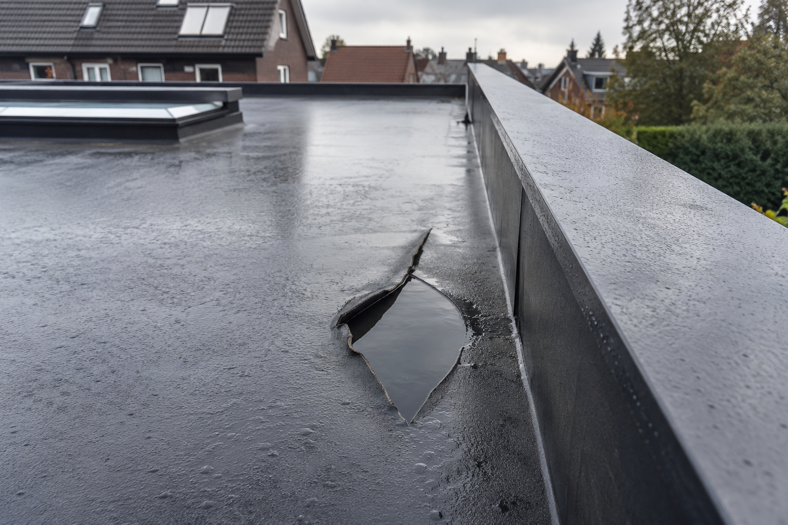 Beschadigd EPDM dak op een plat dak met risico op lekkage
