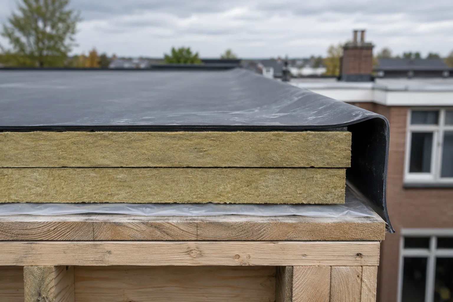 Dakrand in aanbouw met houten dakvloer, dampremmende laag, twee lagen isolatie en een EPDM folie die over de rand is omgeslagen
