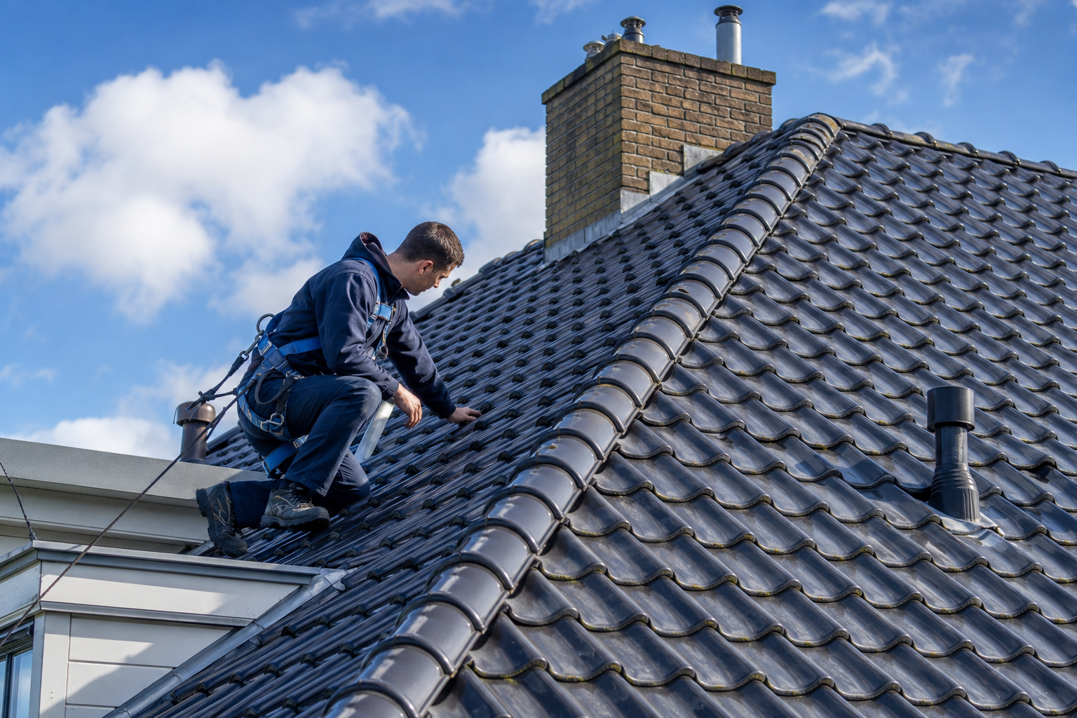 Dakdekker inspecteert dakpannen, nok, loodwerk en goten op een hellend dak