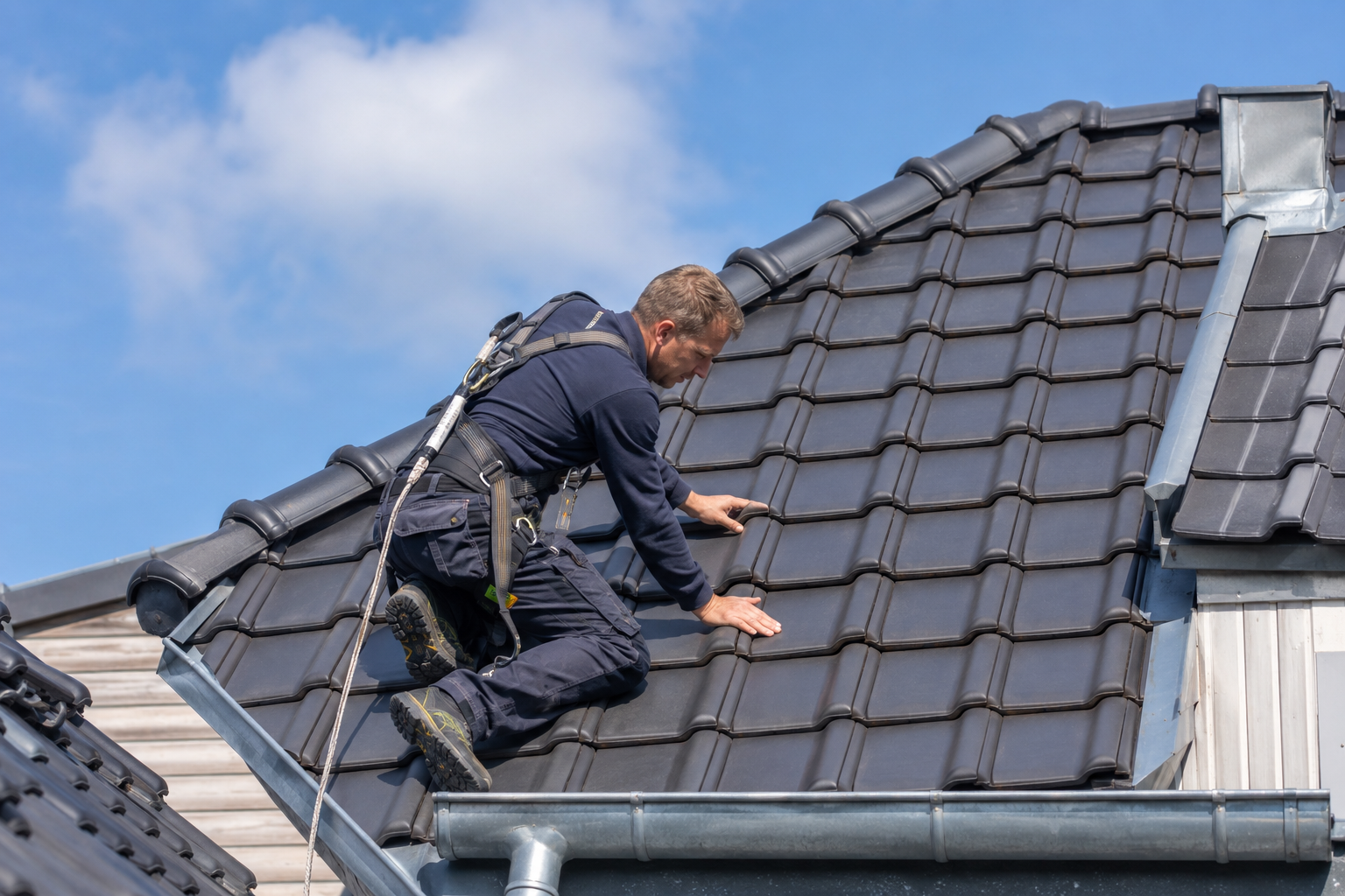 Dakdekker inspecteert keramische dakpannen en nokvorsten