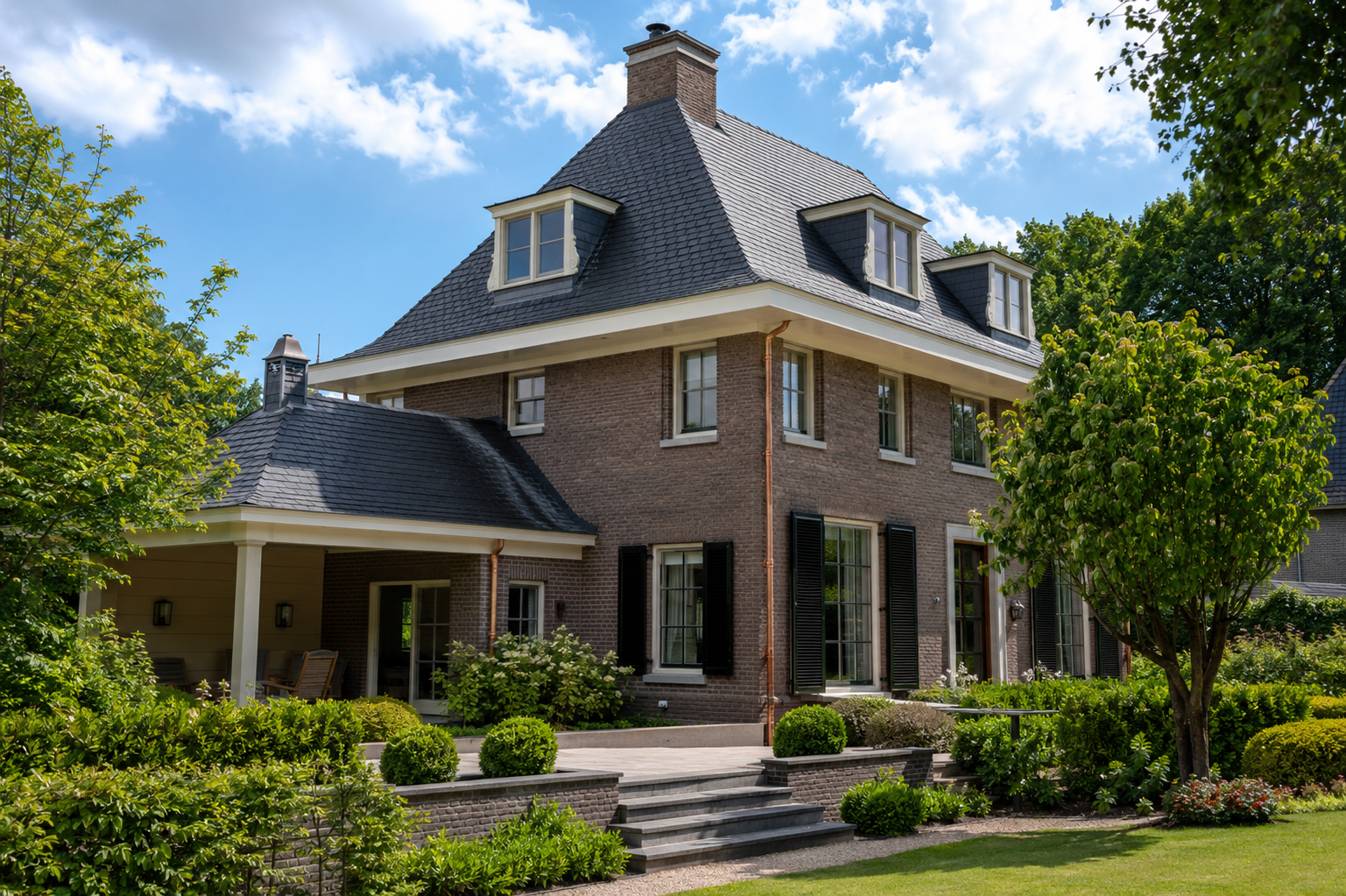 Nederlandse woning met een donker leien dak