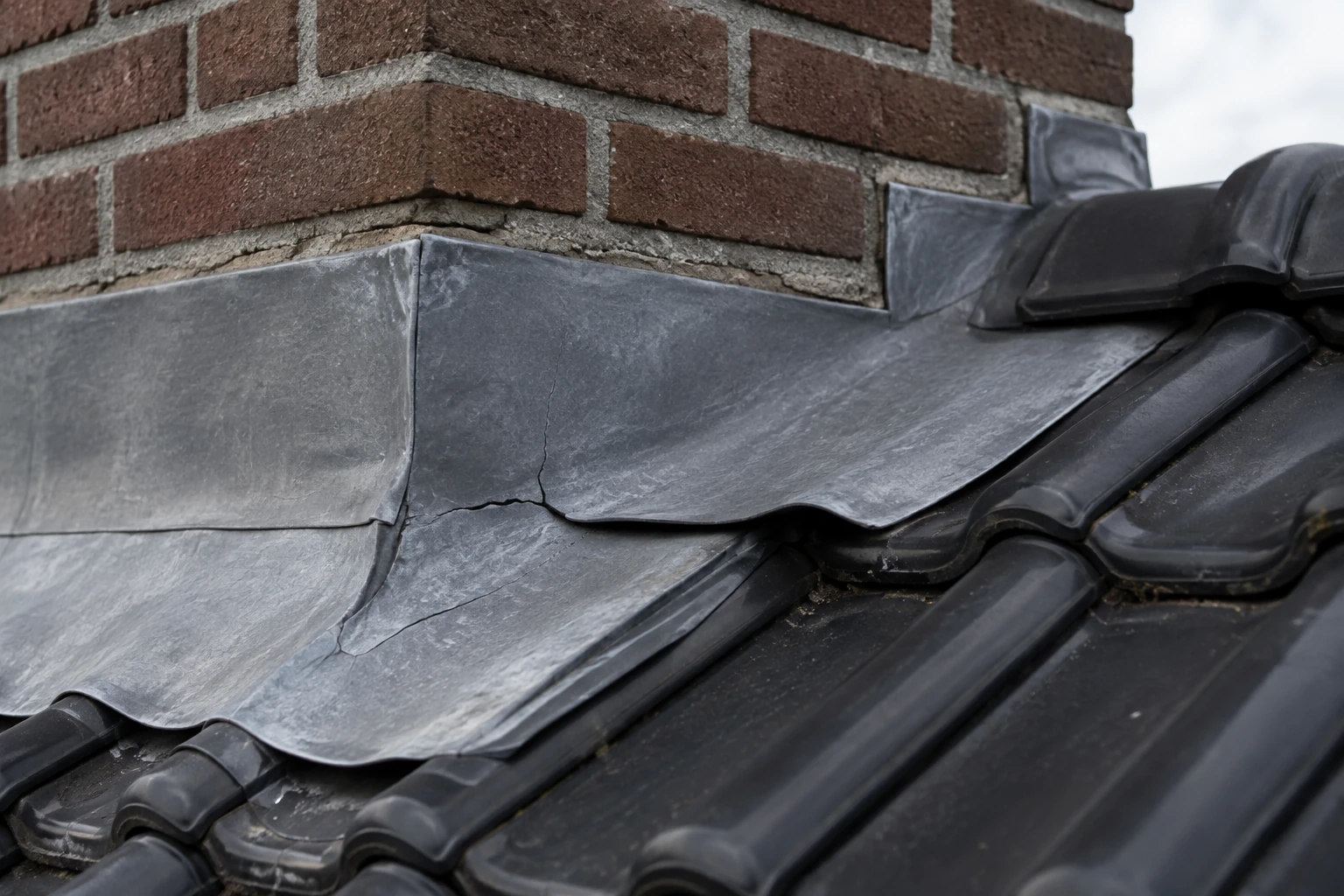 Gescheurde loodslab bij de aansluiting van een gemetselde schoorsteen op een pannendak