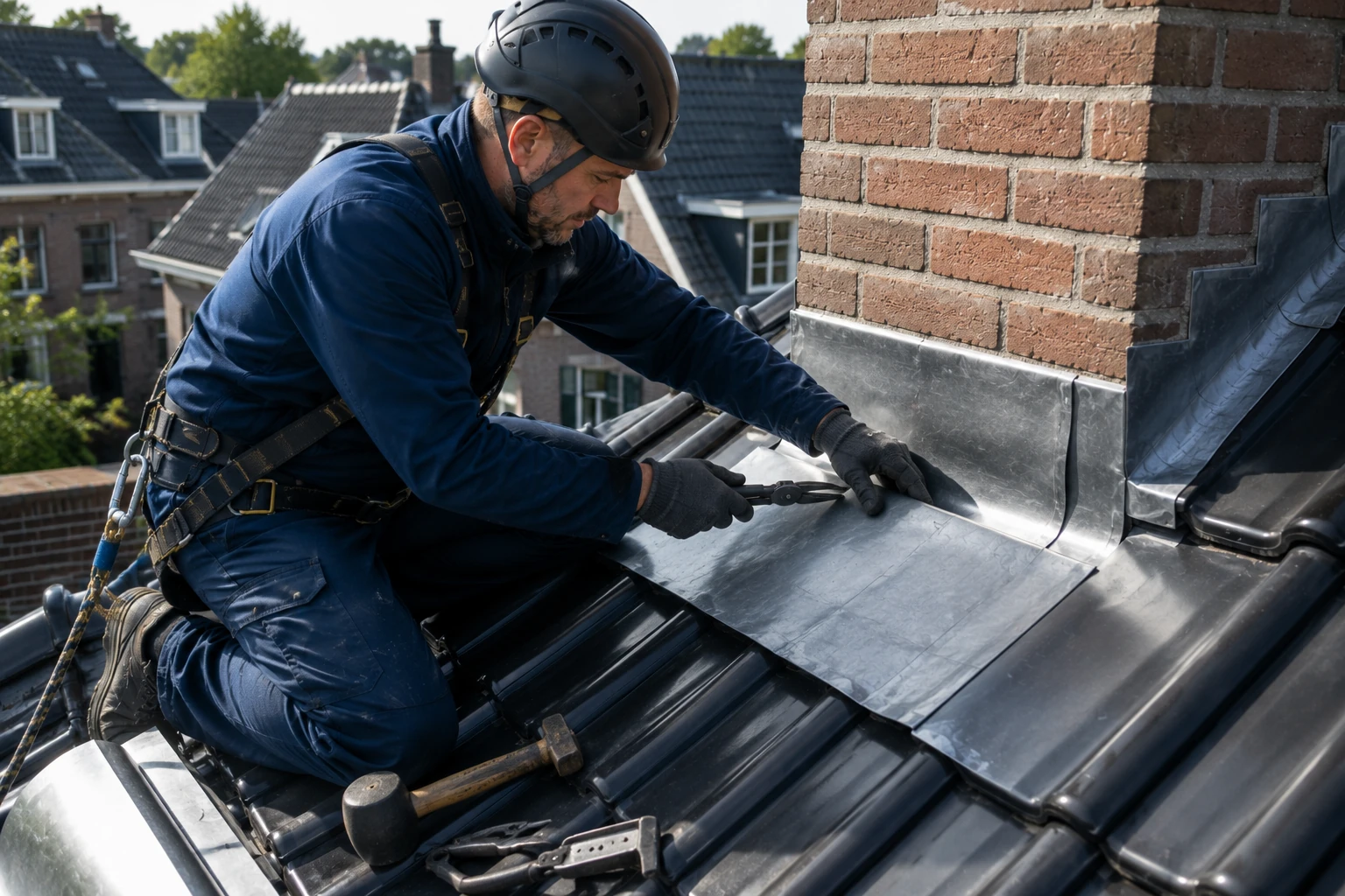 Dakdekker brengt met handgereedschap een nieuwe loodslab aan tegen het metselwerk van een schoorsteen