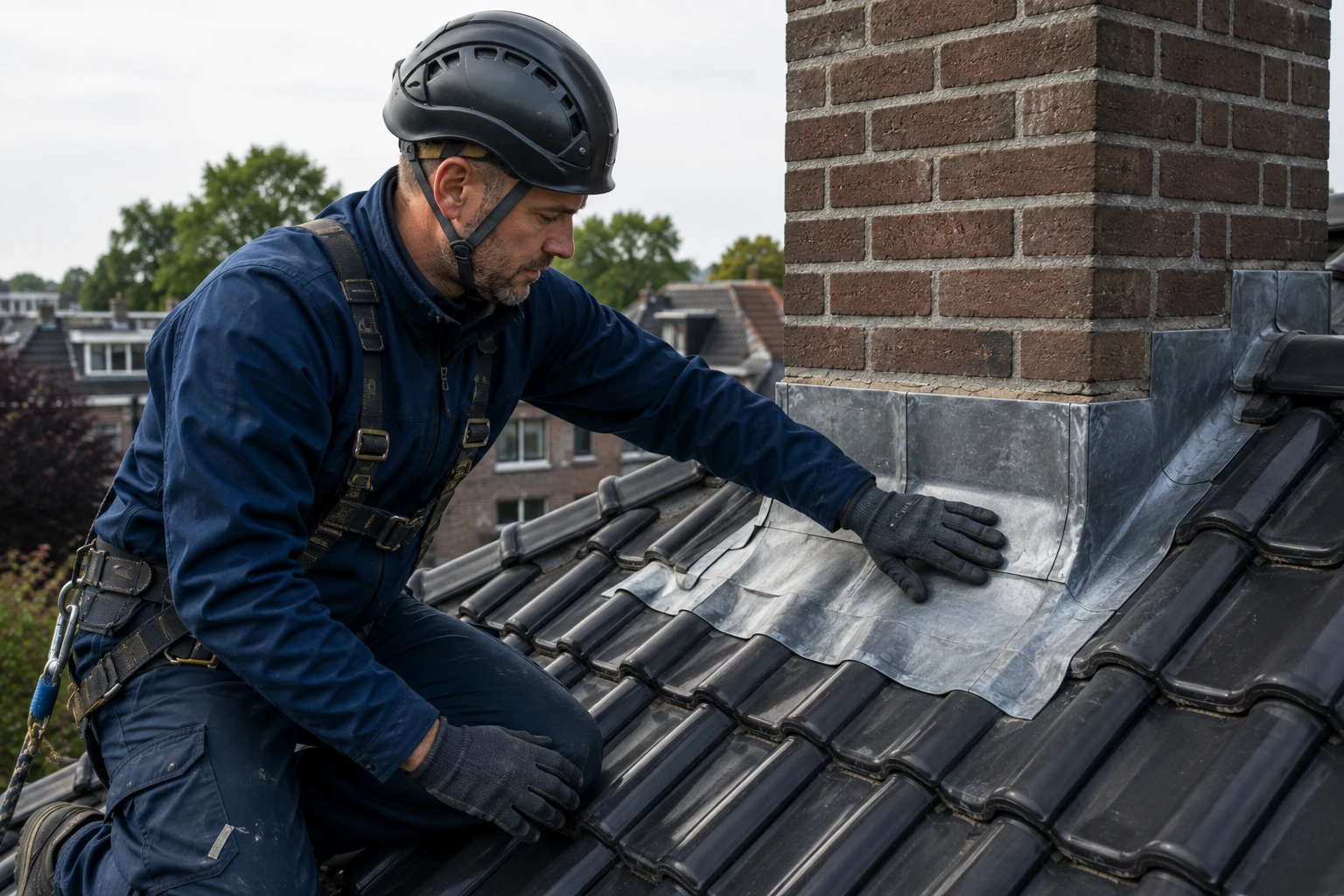 Dakdekker voelt met de hand langs de loodslab rond een schoorsteen om scheuren en losse randen op te sporen