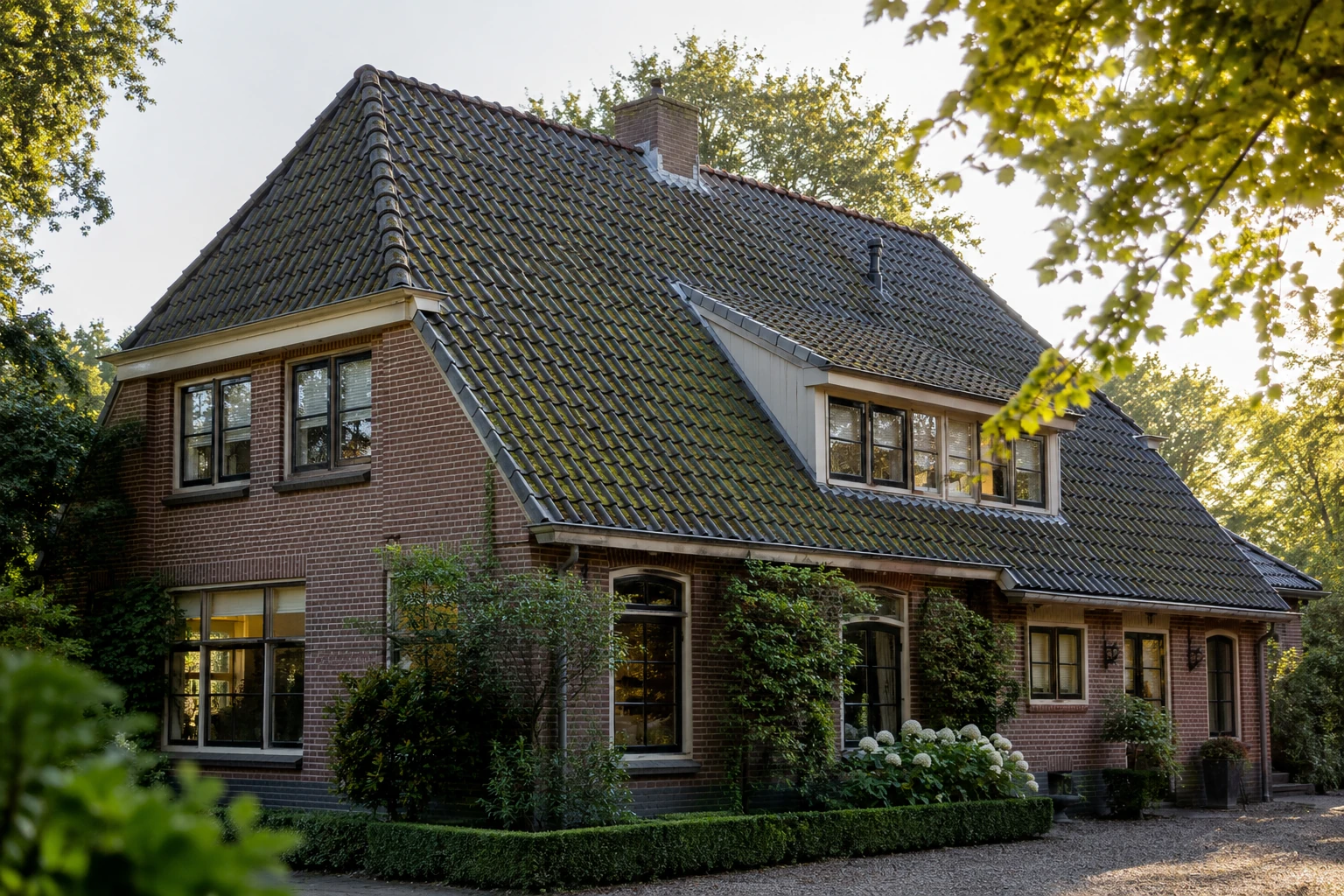 Woning met een pannendak waarop mos tussen en op de dakpannen groeit