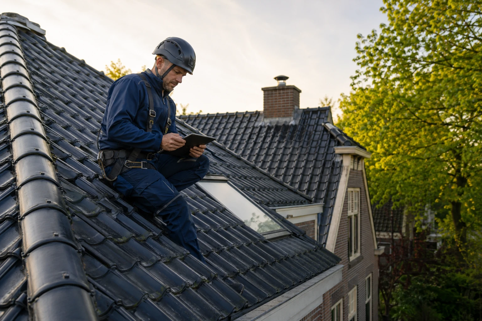 Dakdekker met helm en valbeveiliging werkt op een pannendak een geplande controle af op een tablet