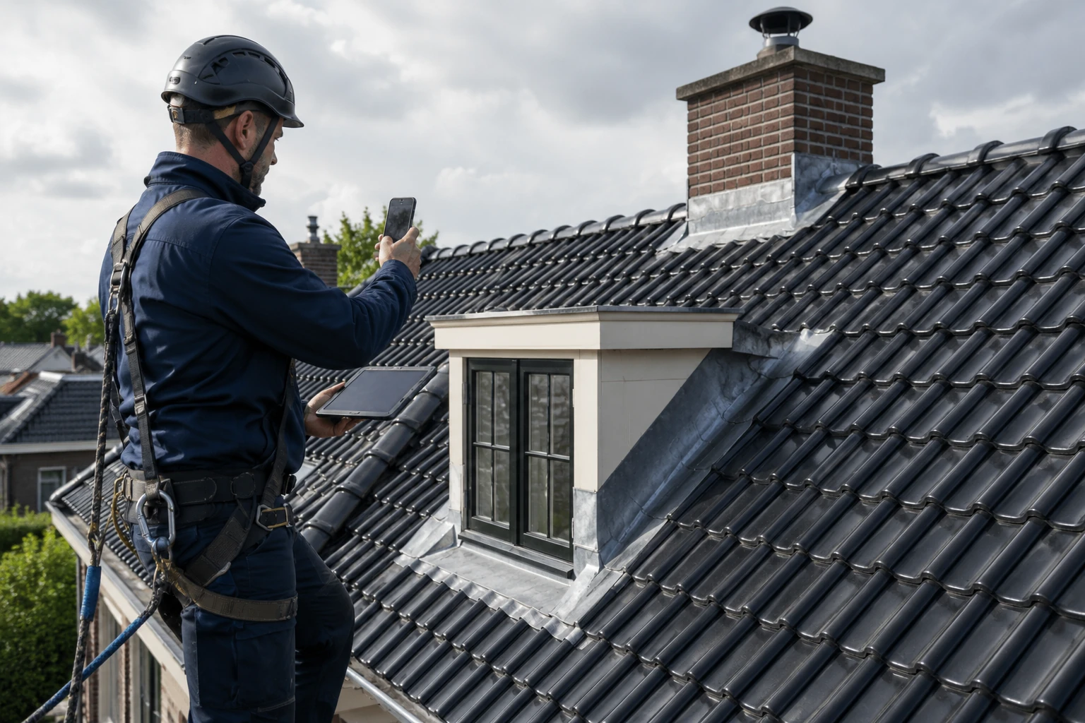 Dakdekker fotografeert dakkapel en schoorsteen en legt de bevindingen vast op een tablet