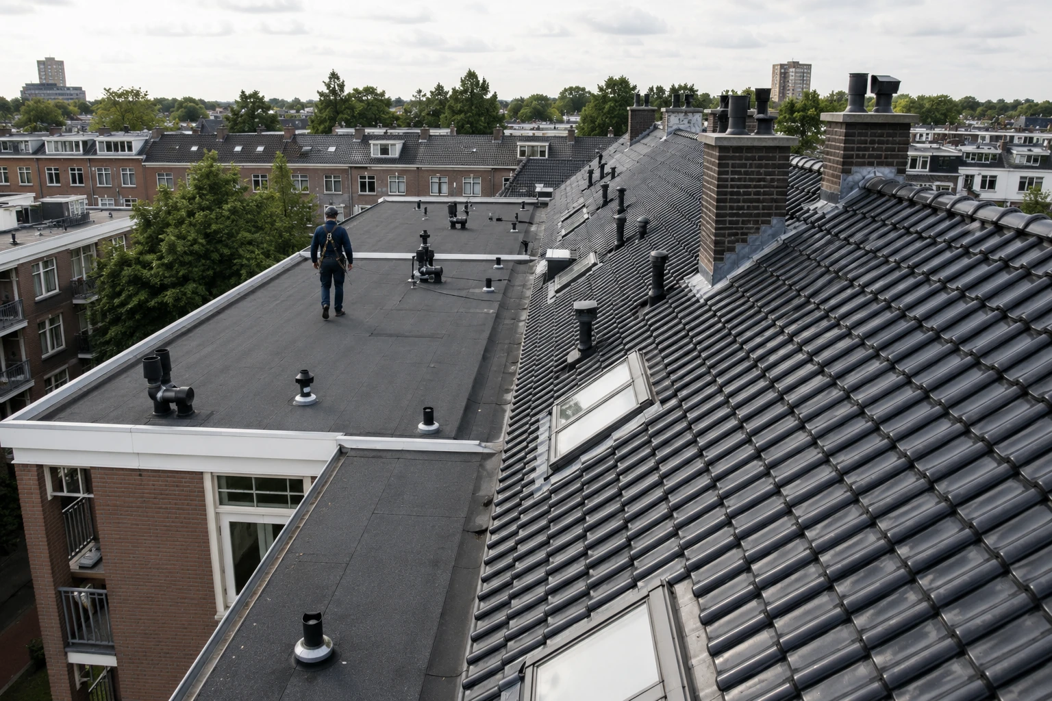 Inspecteur loopt over het platte dak van een woonblok met daarnaast een groot pannendak met schoorstenen