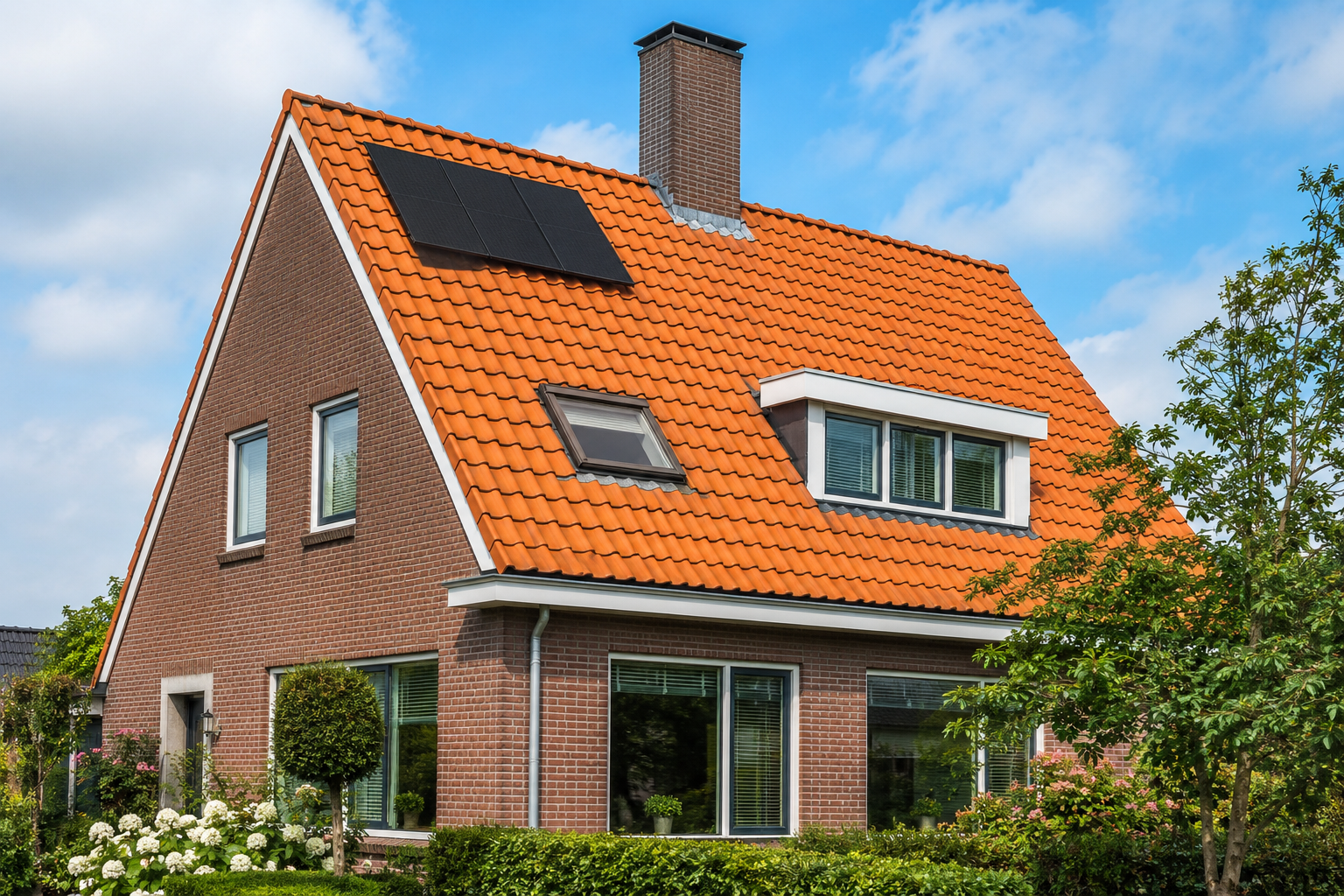 Pannendak met regelmatig patroon waarin verschoven pannen goed opvallen