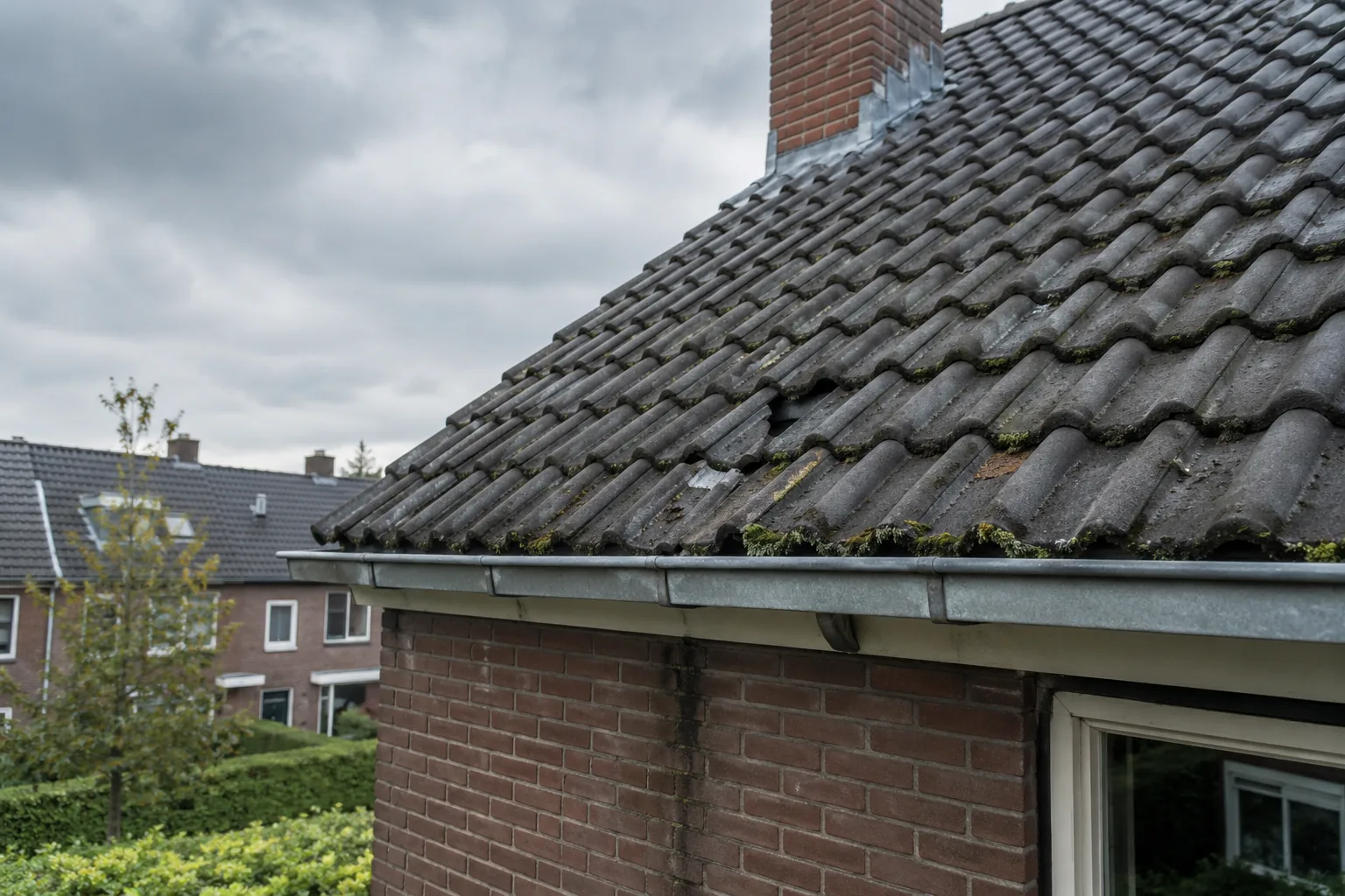 Nederlands pannendak met gebroken en verschoven dakpannen, mosgroei langs de dakrand en een zinken goot