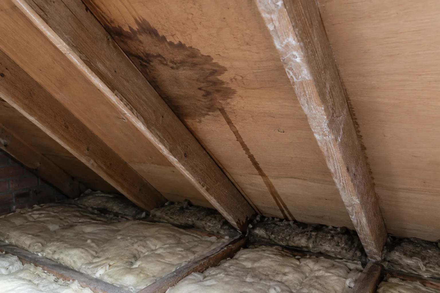 Dakbeschot op zolder met een donkere vochtvlek en een waterspoor langs de spanten, met minerale wol isolatie tussen de balken