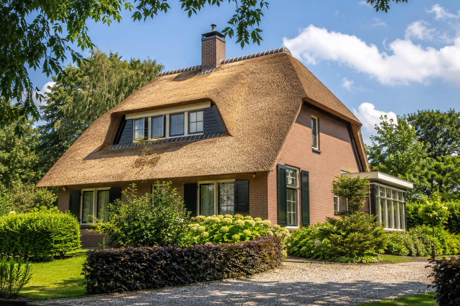 Vrijstaande Nederlandse woning met een verzorgd rietendak
