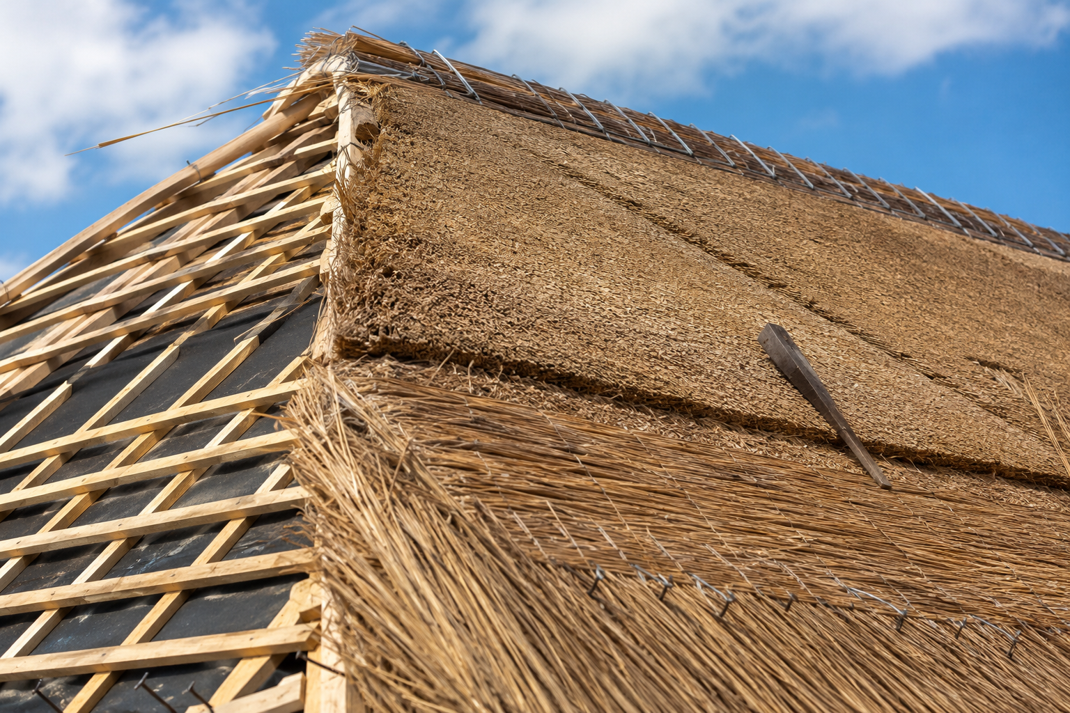 Opbouw van een rietendak met onderconstructie, bevestiging en rietpakket