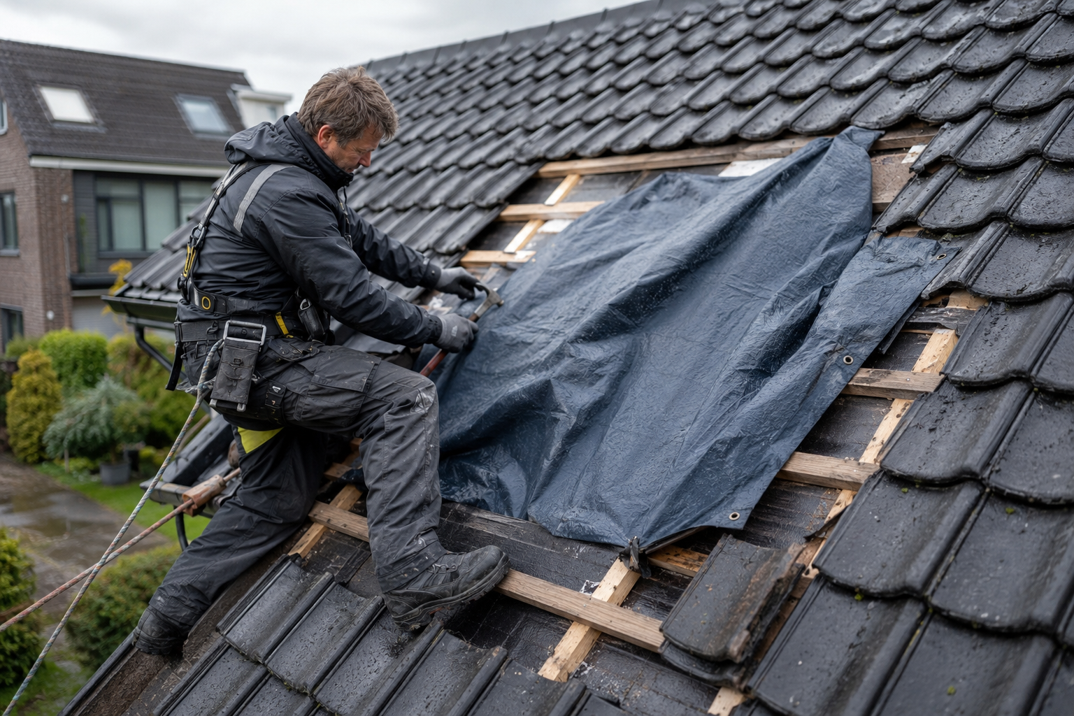 Dakdekker voert noodherstel uit na stormschade