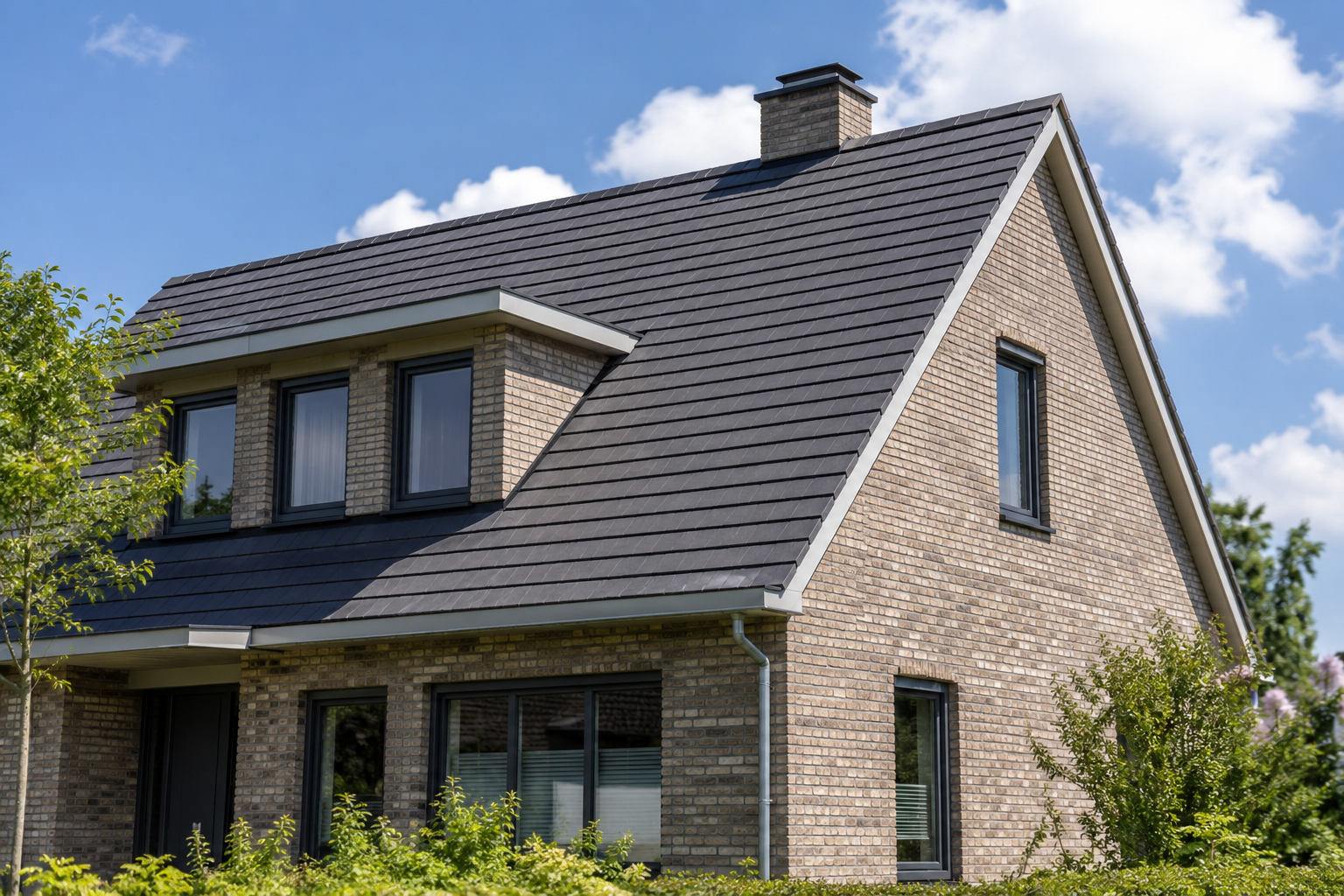 Nederlandse woning met donker dak van vezelcementleien